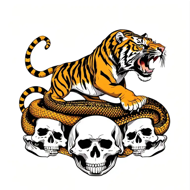 tiger standing on skulls fighting snake tattoo design idea