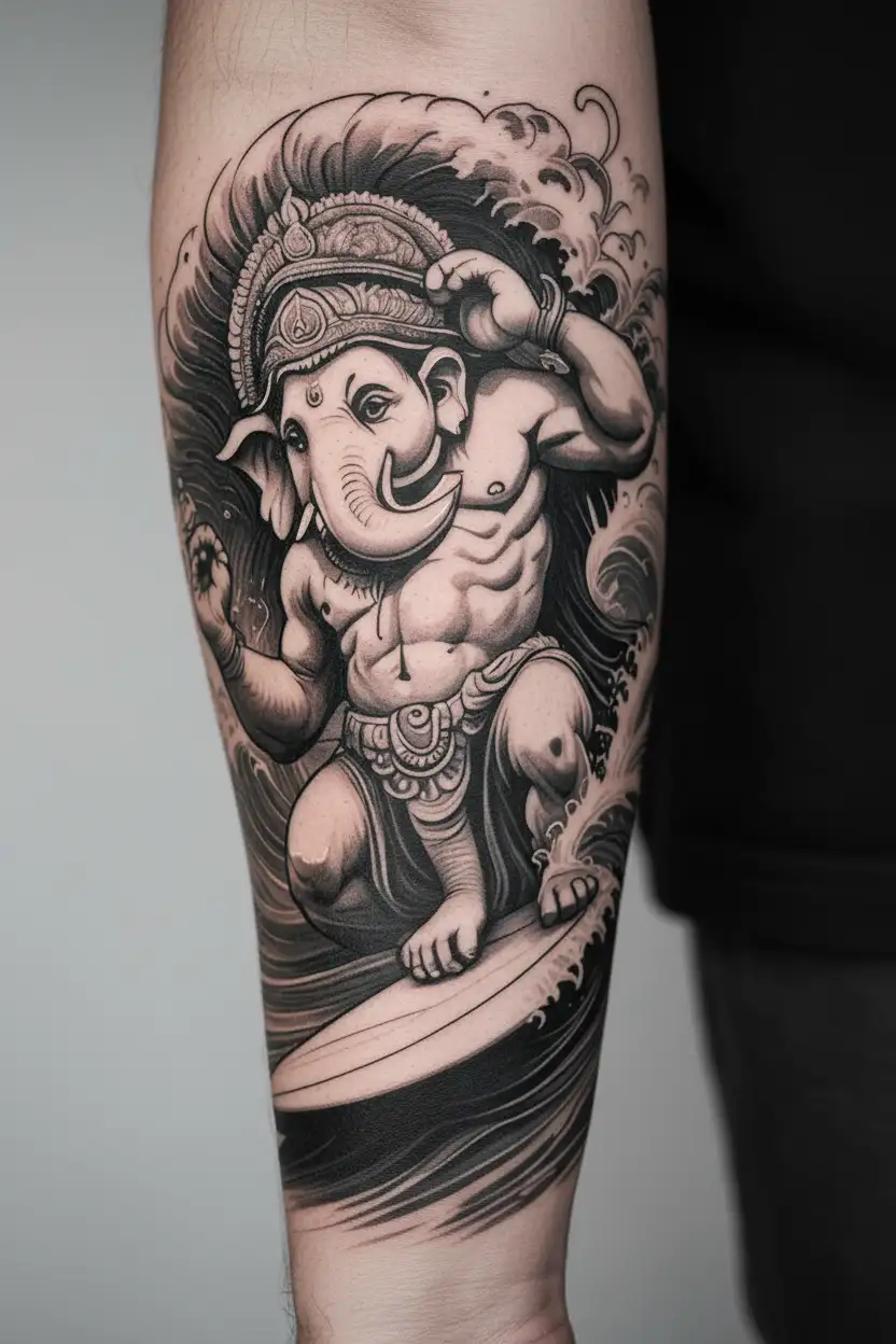 ganesh surfing wave tattoo design idea