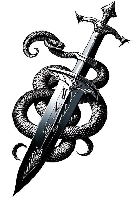 sword of excalibur with roman numeral V.VII.MMI with a snake wrapped around  tattoo design idea