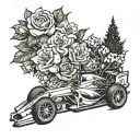 A dynamic Formula 1 car racing through a garden filled with blooming roses and lily of the valley flowers tattoo design idea