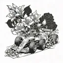 A dynamic Formula 1 car racing through a garden filled with blooming roses and lily of the valley flowers tattoo design idea
