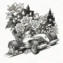 A dynamic Formula 1 car racing through a garden filled with blooming roses and lily of the valley flowers tattoo design idea