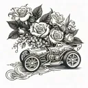 A dynamic Formula 1 car racing through a garden filled with blooming roses and lily of the valley flowers tattoo design idea