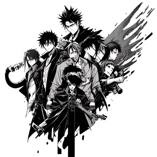 Anime style sleeve with heroes from such anime as: Blue Exorcist, One Piece, seven mortal sins, my heroic academic tattoo design idea