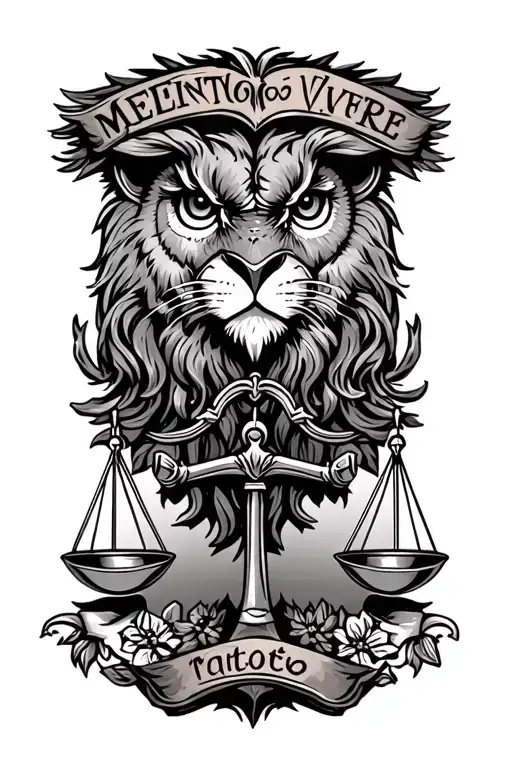 "Memento Vivere" lion head, owl, anchor and scales of justice  tattoo design idea