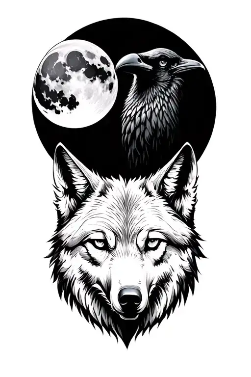 Wolf head and raven and moon  tattoo design idea