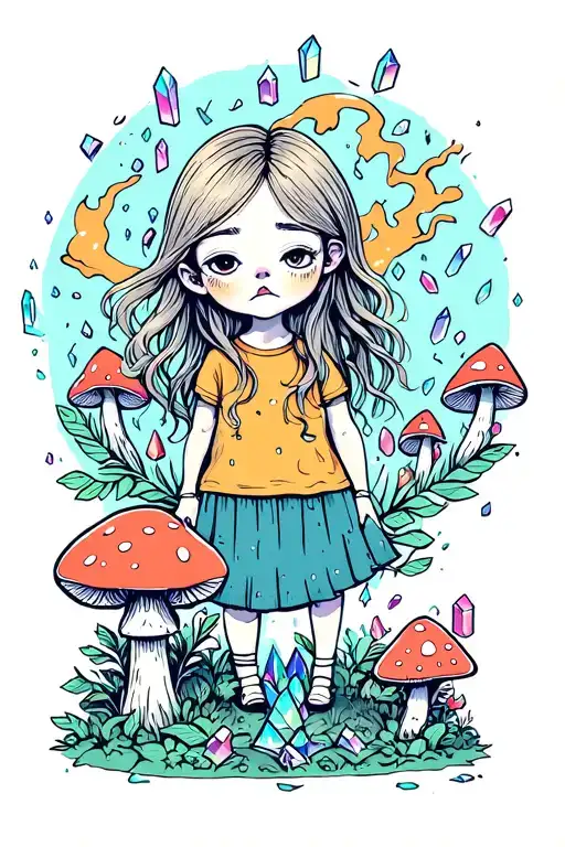 girl, lost,happiness, anger issues,  sad, love, anxiety, panice attack,  forest ,mushrooms, crystals,  forest animals,  tattoo design idea
