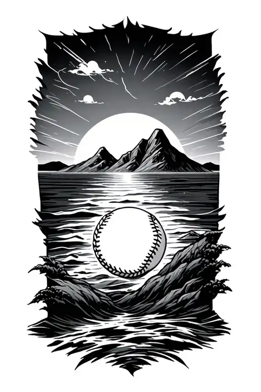 thin line style, mountains, ocean, sunrise, sunset, baseball tattoo design idea