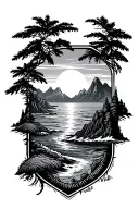 thin line style, mountains, ocean, sunrise, sunset, baseball tattoo design idea