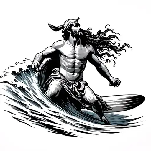 saint christopher surfing wave with bandana flying in wind tattoo design idea