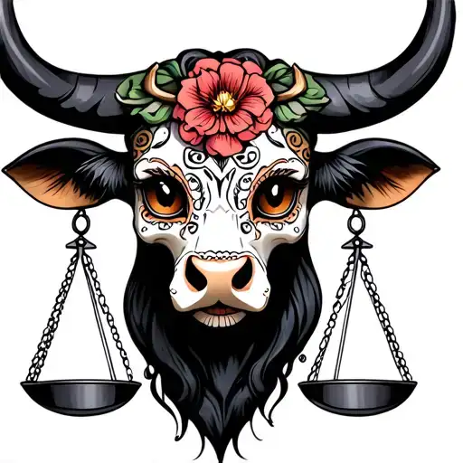 feminine bull with sugar skull markings, brown eyes and two Libra scales and dark background tattoo design idea