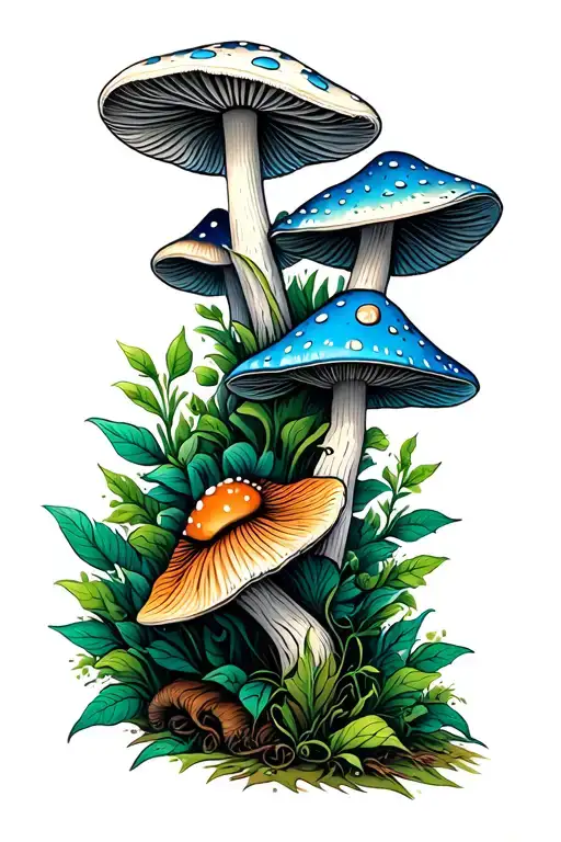 pointy white brown blue psilocybin mushrooms with ayahuasca vines tattoo design idea