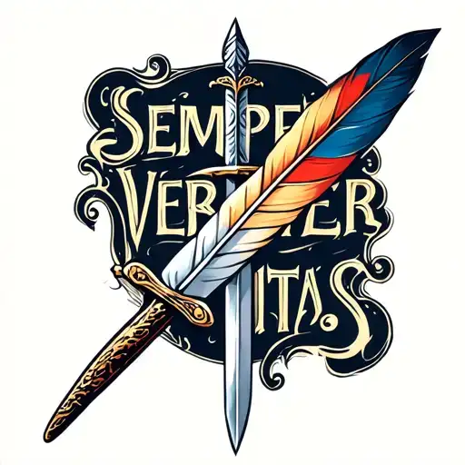 "SEMPER VERITAS" quill pen transforming into sword tattoo design idea
