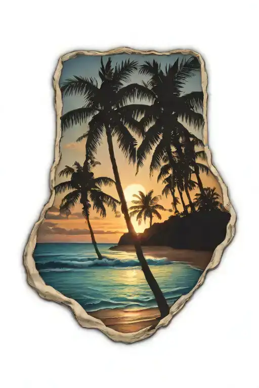 sunset palm trees beach scene inside tattoo design idea