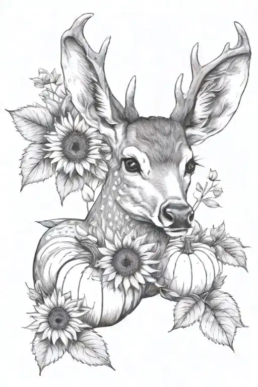 female deer laying down with pumpkins in a field of sunflowers  tattoo design idea