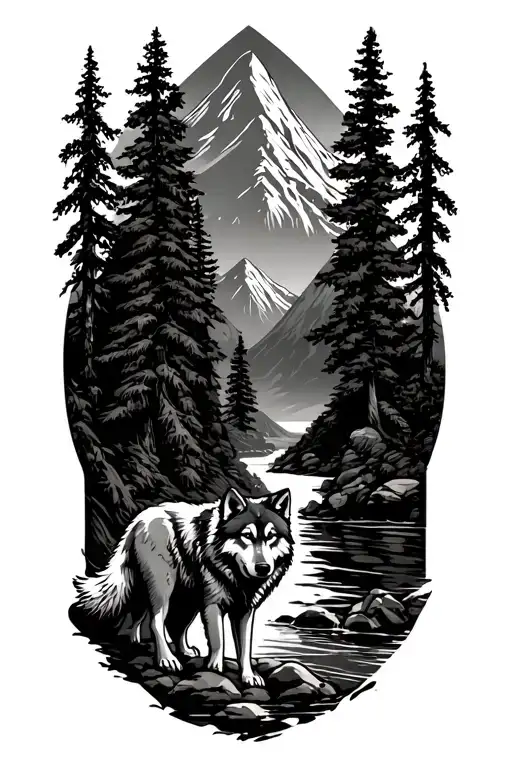 mountain range with tall tree and river wolf standing tattoo design idea