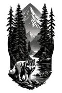 mountain range with tall tree and river wolf standing tattoo design idea