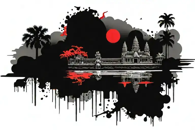 Angkor Wat, sun right, palm trees, water, reflection tattoo design idea