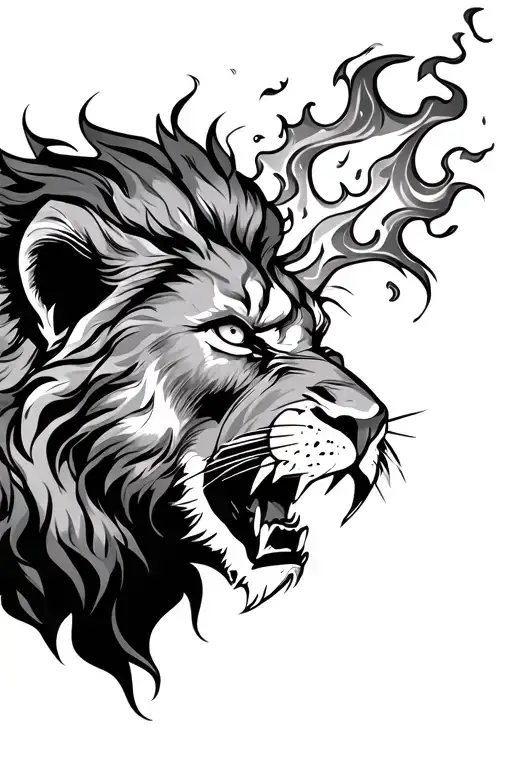 Roaring lion with burning eyes like fire tattoo design idea