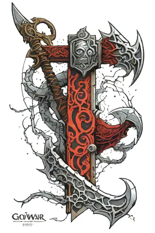 The Leviathan ax from the game god of war: ragnok collides with a mjolner from the same game and frozen lightning forms  tattoo design idea