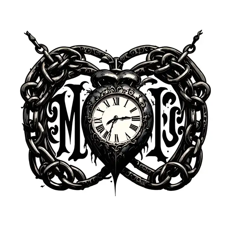 "Mélanie" clock Coeur chain tattoo design idea