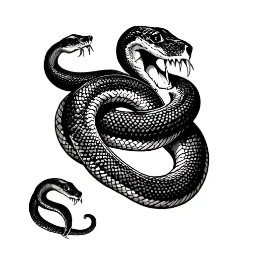 big snake wrapped around whole bicep biting into 2 dog bites no coulor tattoo design idea