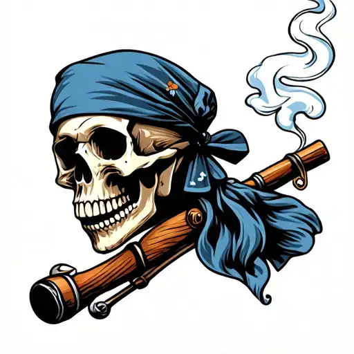 smoking skull wearing bandana holding a fishing pole tattoo design idea