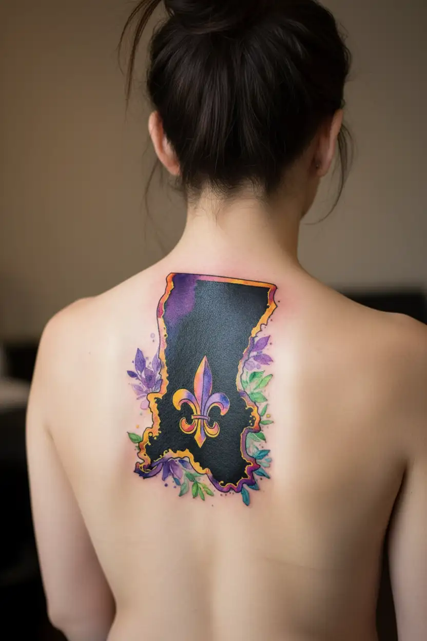 an outline of Louisiana with a fleur de lis inside in Mardi Gras colours tattoo design idea