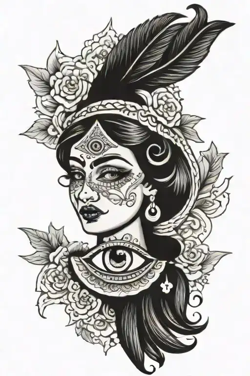 woman and hamsa with eye tattoo design idea