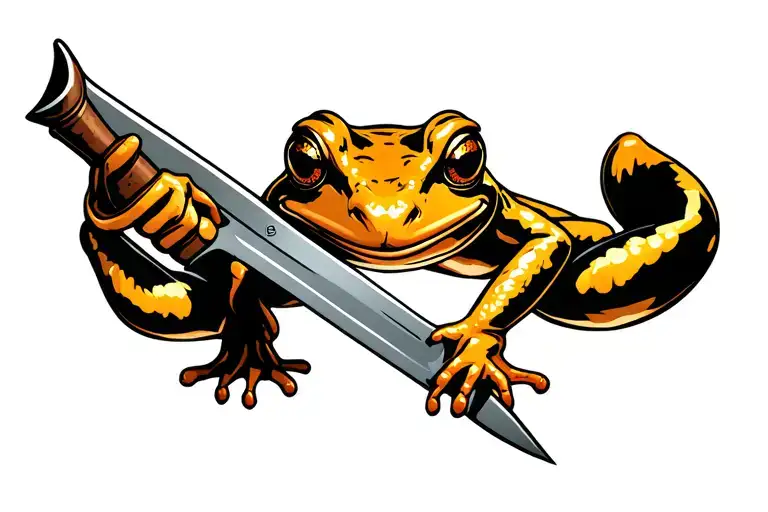 golden frog holding a knife going tattoo design idea