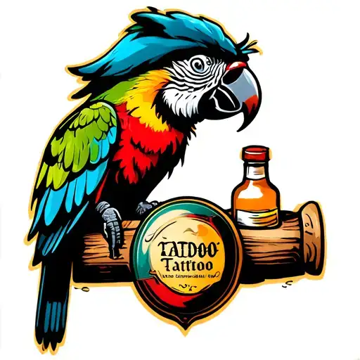 pirate parrot with old rum bottle tattoo design idea