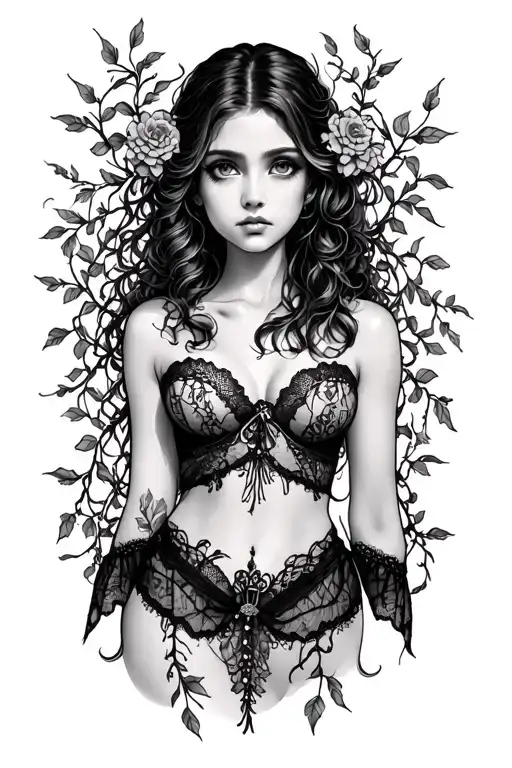 lace garter belt intertwined with vines tattoo design idea