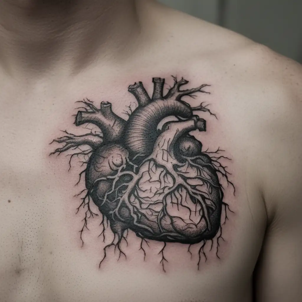 historical 1830s anatomical heart diagram interior veins are like lightning bolts in a Frankenstein-esque gothic lit gay tattoo design idea