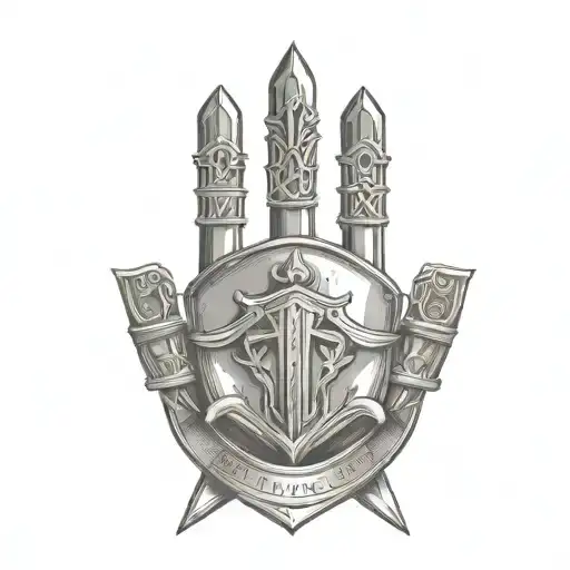 shield and sword in middle finger and text tattoo design idea