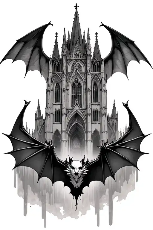 gothic cathedral architecture on top and bat with wings spread up on the bottom .  tattoo design idea