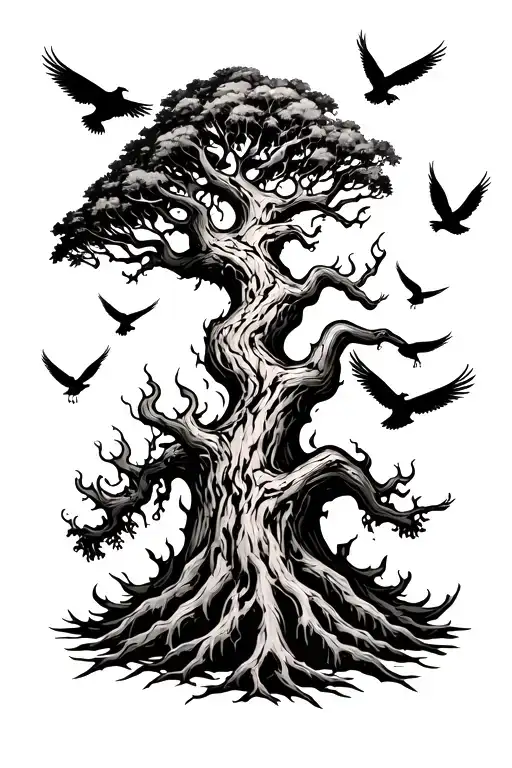 Poision Tree On Fire With Birds flying tattoo design idea