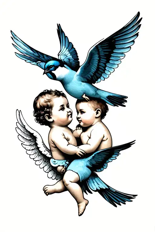 2 baby angel and a swallow bird flying tattoo design idea