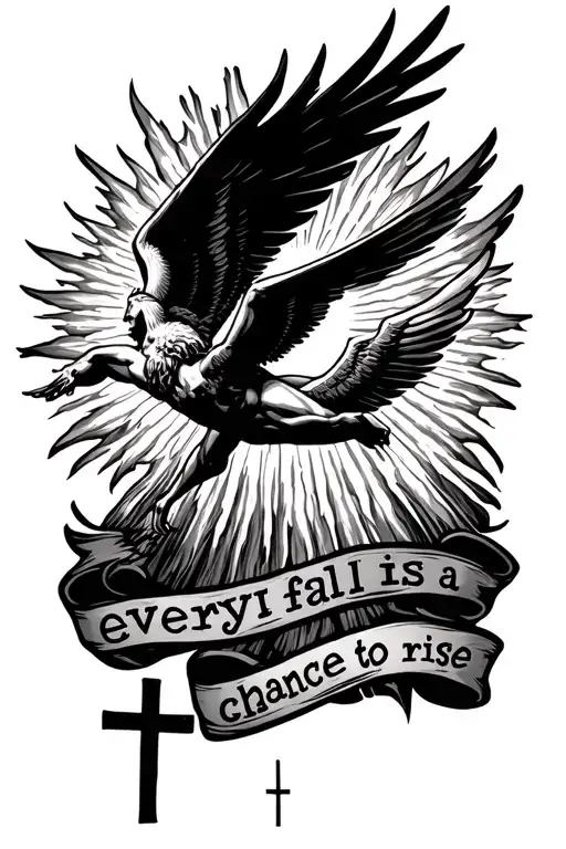falling Icarus falling from the sun with 3 crosses at the bottom and the words "every fall is a chance to rise"  tattoo design idea