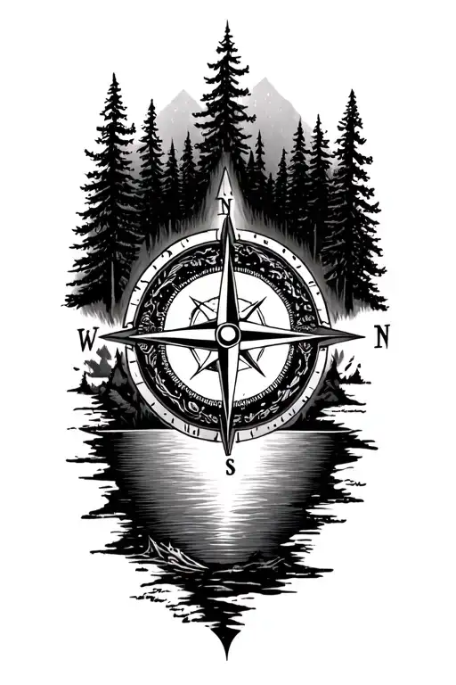 detailed compass rose surrounded by forest on top and lake on bottom tattoo design idea