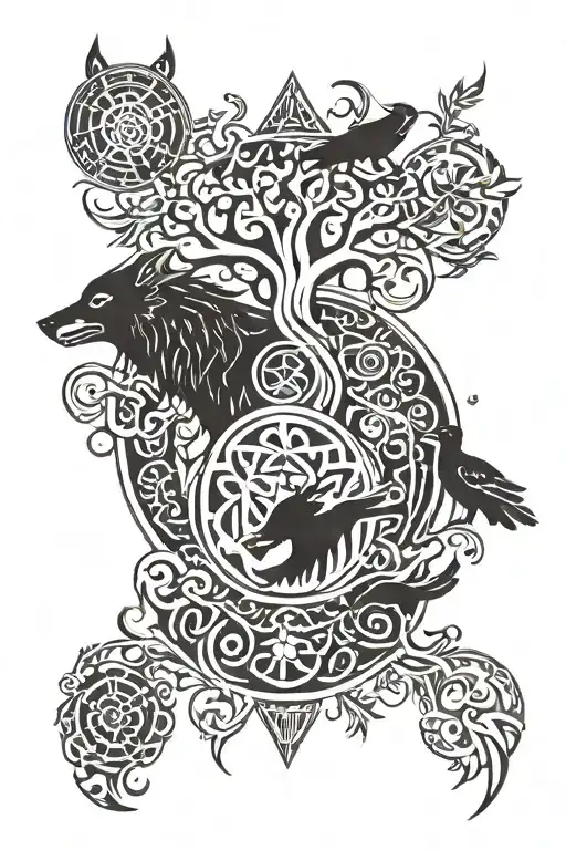 Traditional Scandinavian tattoo, includes runes, Odin's ravens, Fenrir the wolf and the Yggdrasil symbol tattoo design idea