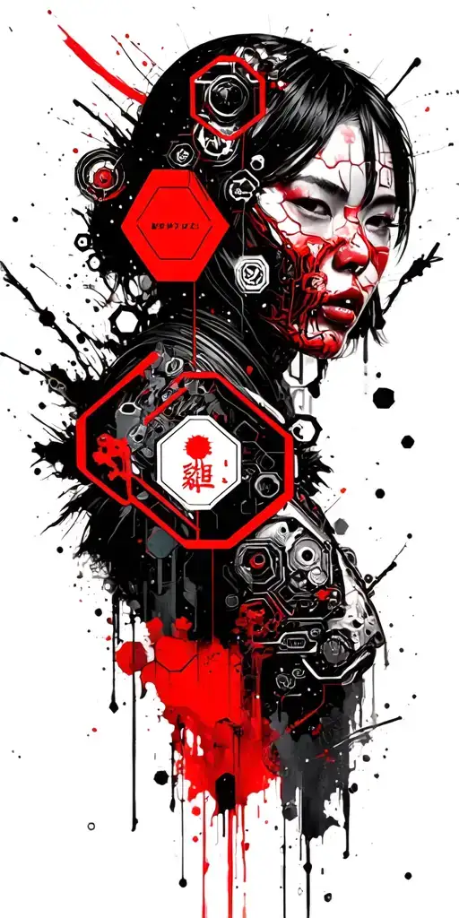 cyberpunk with hexagons, mechanical parts, and Japanese oni tattoo design idea