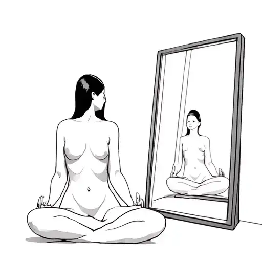 A soft, abstract structure of a woman’s body — sitting cross-legged — in front of a full-body mirror, gazing inward. tattoo design idea