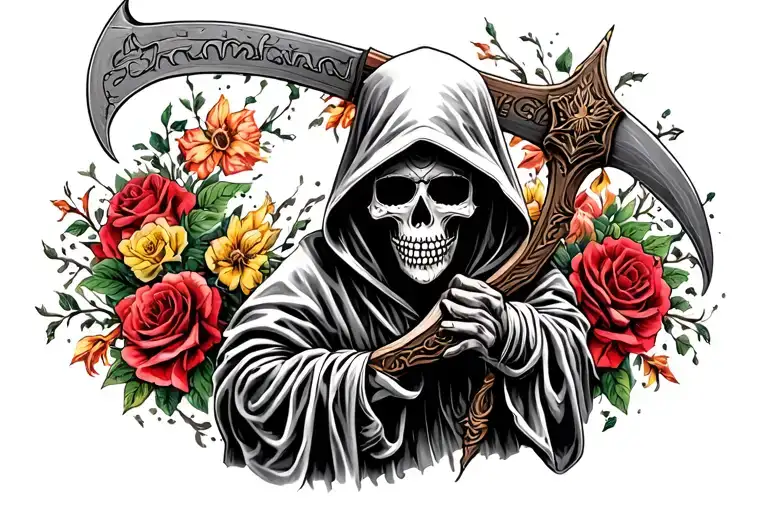hooded reaper holding scythewith sugar skull face, detailed, scary,  tattoo design idea