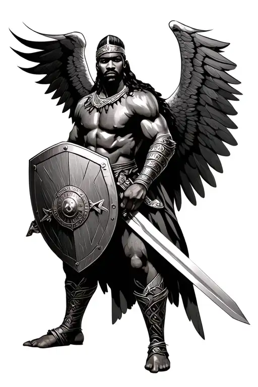 winged African warrior standing guard holding sword and shield tattoo design idea