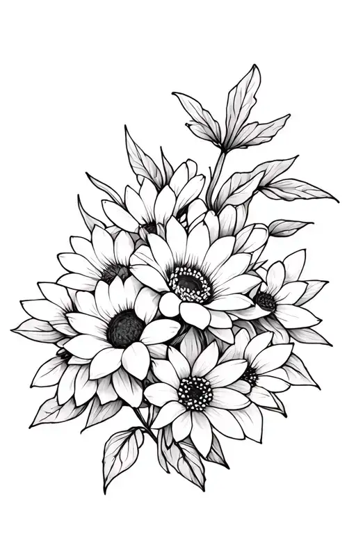 black and white simple side view flower bouquet a lotus, cherry blossom, wild flowers, chrysanthemum sunflower tattoo design idea