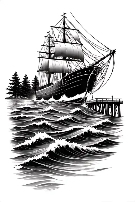ship in wavy ocean with pier and treed shore in the background tattoo design idea