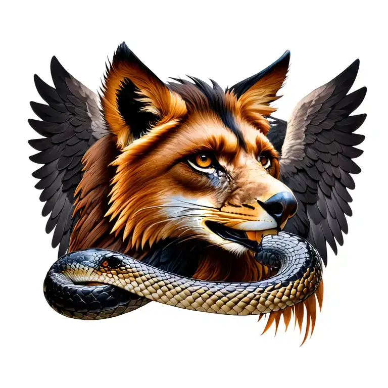 lion's head snake body and eagle's wing and fox ears tattoo design idea