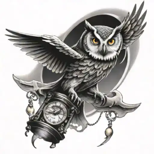 owl flying holding broken hourglass tattoo design idea