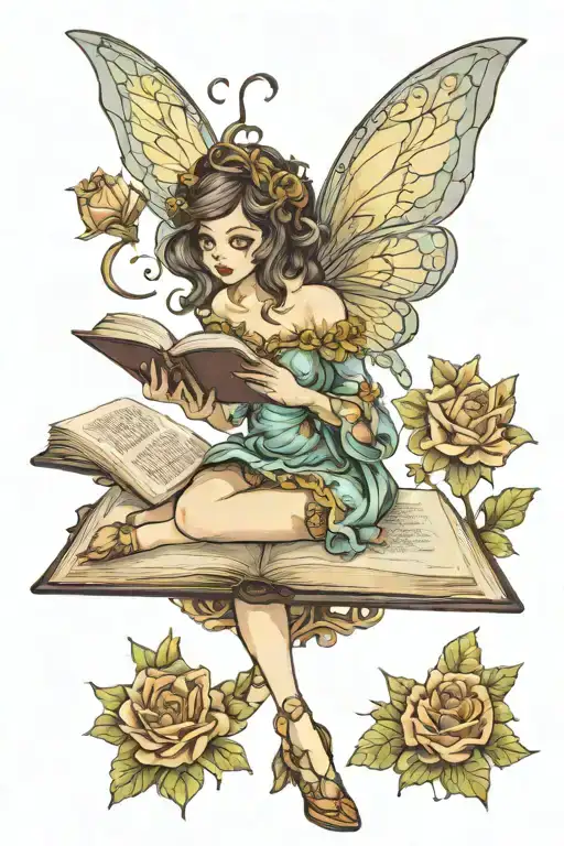 fairy reading a book tattoo design idea