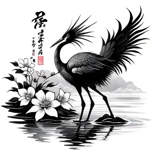 Japanese traditional Style Crane with water and flowers for sleeve tattoo design idea